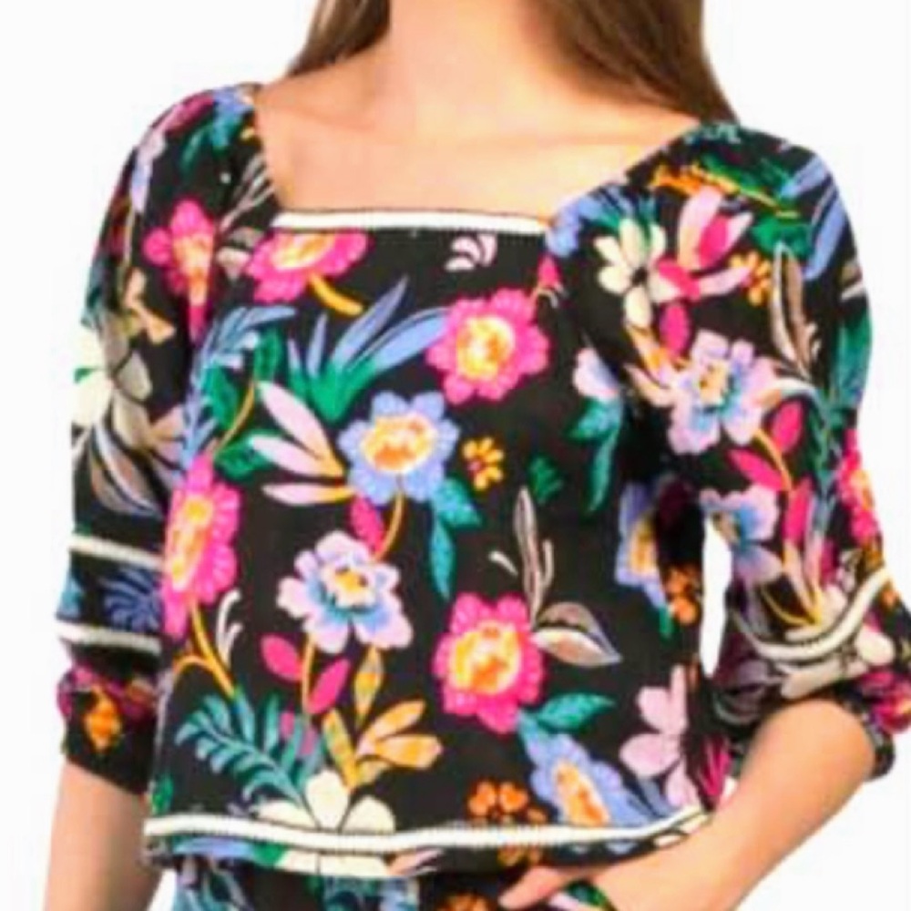 C&C California Black Floral Women's Linen Top. Sz.XL